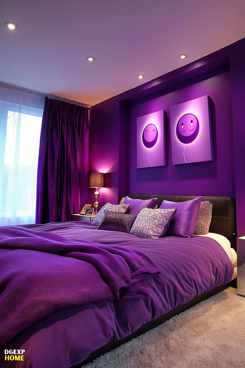 Modernes Schlafzimmer mit lilafarbenen Wänden, Smiley-Kunstwerken, metallischen Nachttischlampen und lilafarbener Plüschbettwäsche.