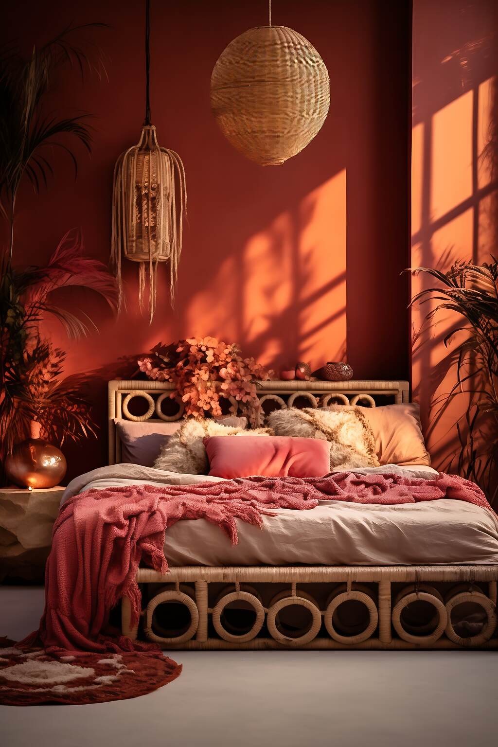 Large Dark Boho Bedroom With An Orange &Amp; Beige Color Scheme, Featuring Sun Art, Rattan Furniture, And Desert Paintings, Creating A Calm And Relaxing Atmosphere.
