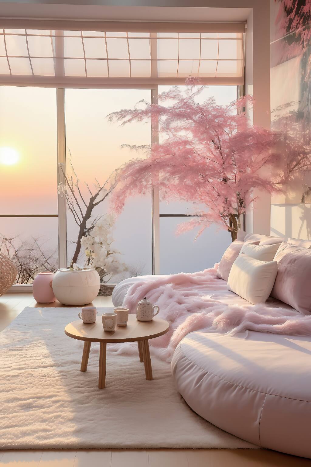 A Cozy Romantic Living Room At Sunset With Pink Lounge Seating, Cherry Blossoms, And A Soft Ivory Rug, Embodying A Romantic Zen Feel.