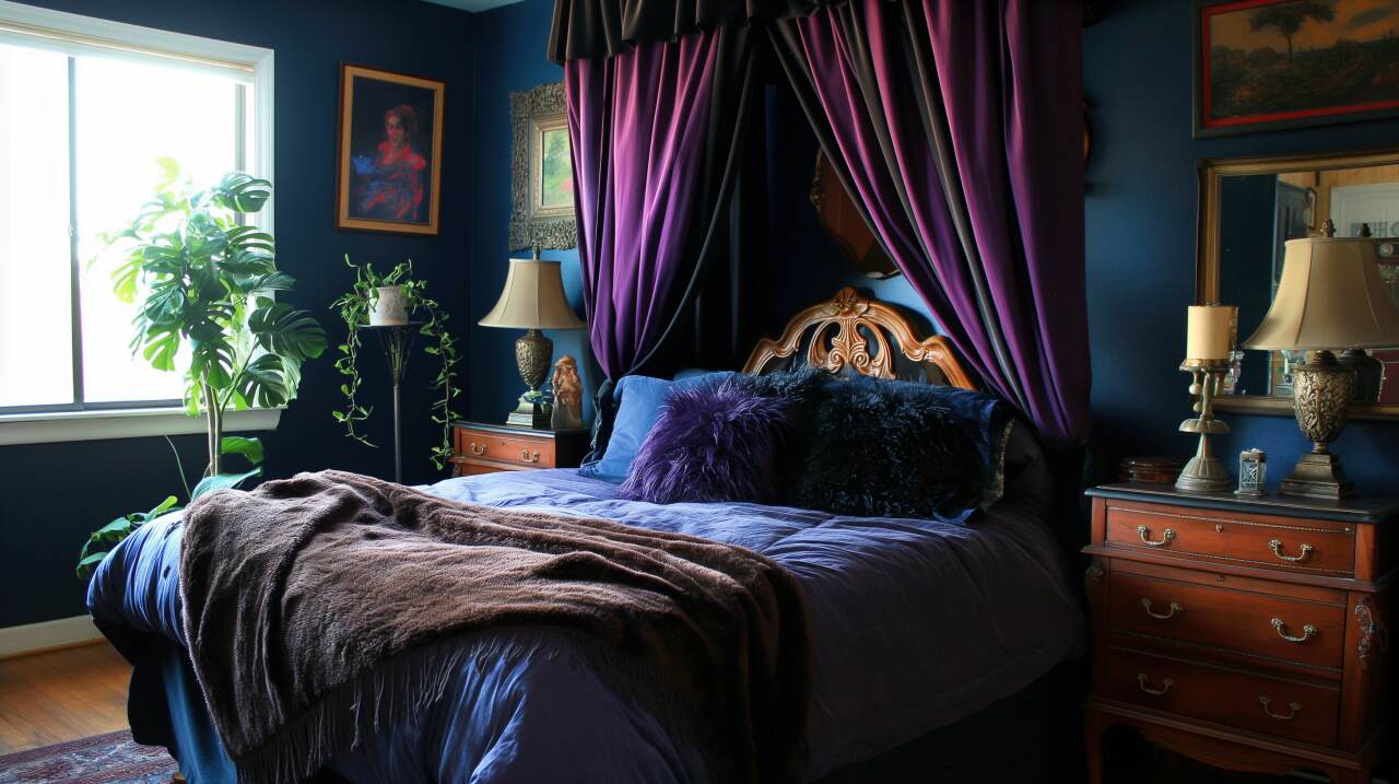 Gemütliches dunkles Boho-Schlafzimmer lila dunkelblau