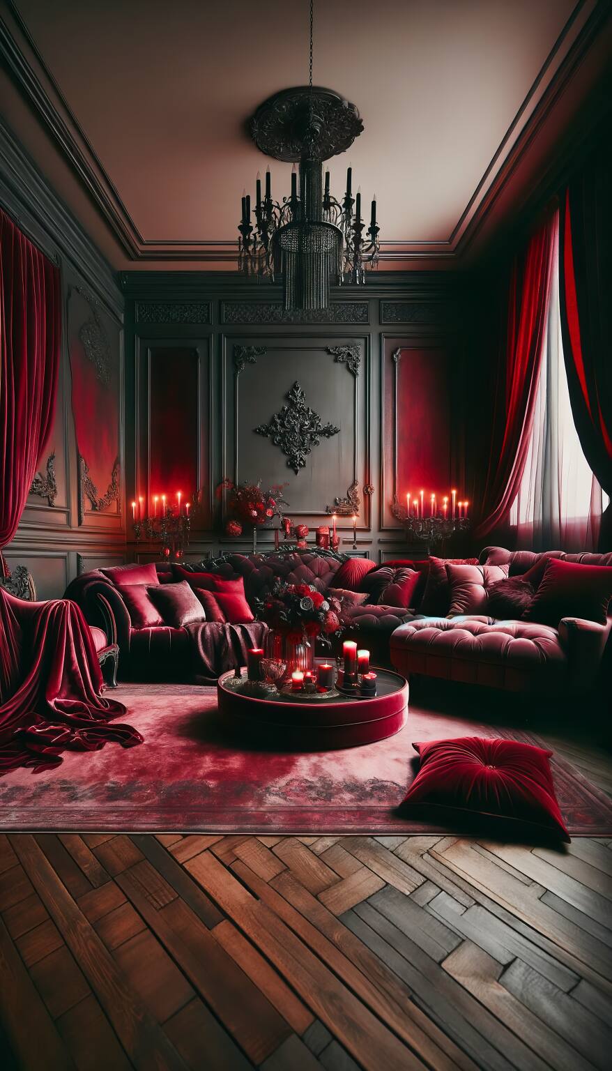 A Romantic Living Room In Crimson And Charcoal Hues, Featuring A Plush Velvet Sofa And Armchairs, Set In An Atmosphere Of Luxurious, Dreamlike Elegance.