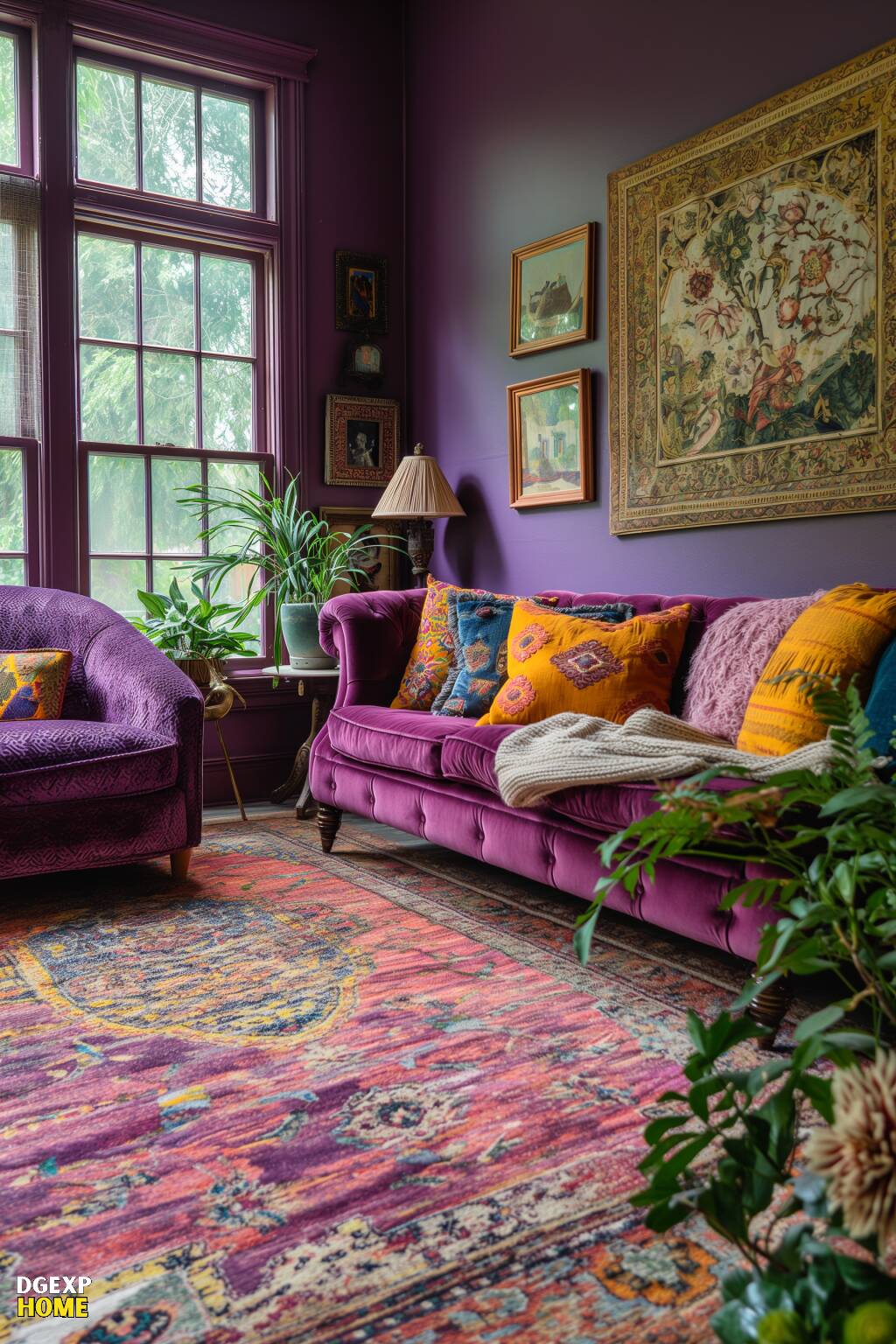 Beerenfarbenes Boho-Wohnzimmer mit lila Sofas, bunten Kissen, Vintage-Wandkunst und üppigen Zimmerpflanzen.