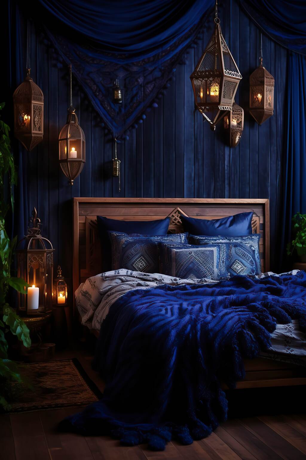 Medium-Sized Dark Boho Bedroom With A Blue &Amp; Black Color Scheme, Featuring Vintage Lanterns, Macramé Wall Hanging, And Distressed Wood Furniture, Creating A Mysterious And Enchanting Atmosphere.