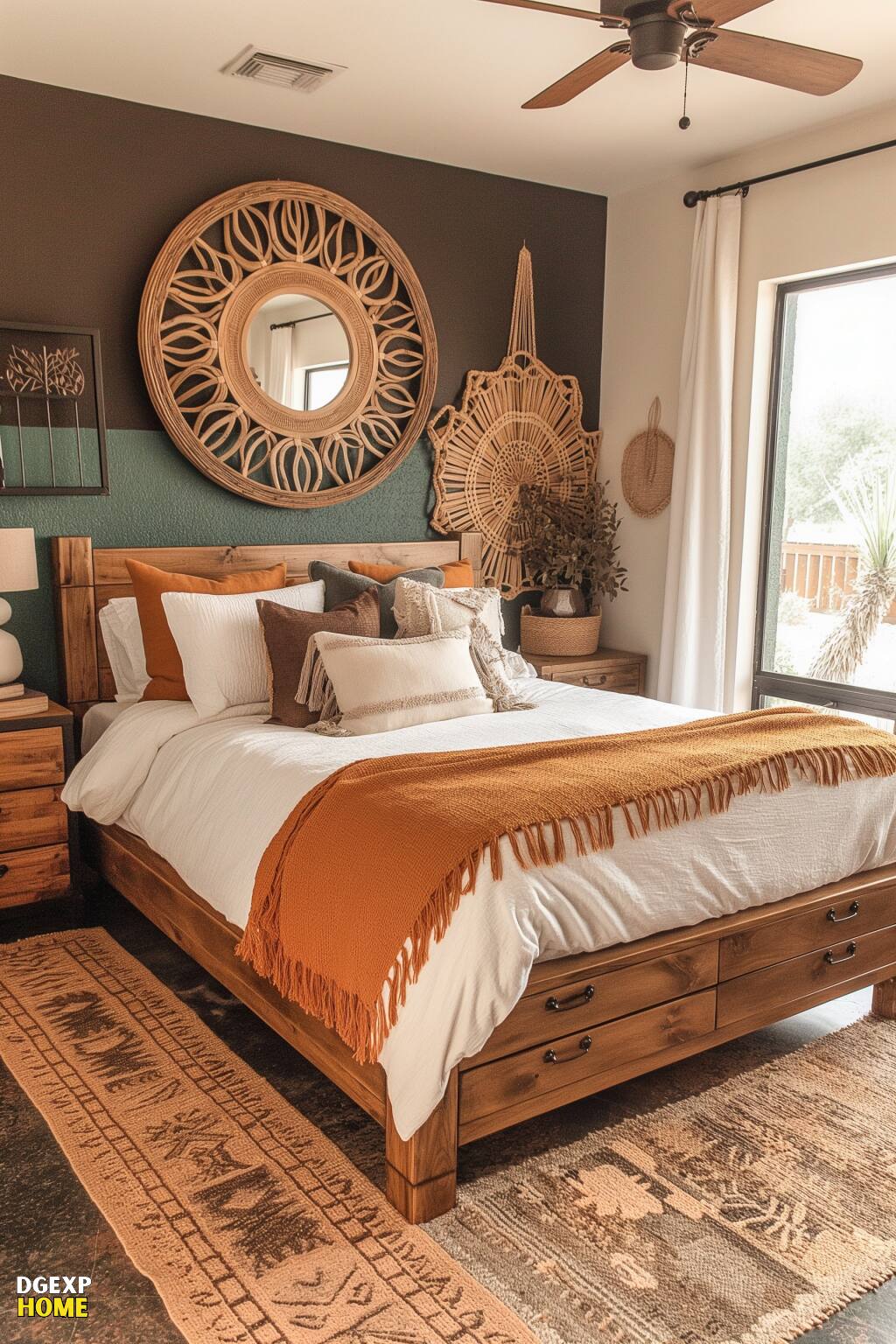 Elegant Western Bedroom With Teal Accent Wall, Wooden Mirror, Tribal Rug, And Wicker Decorations