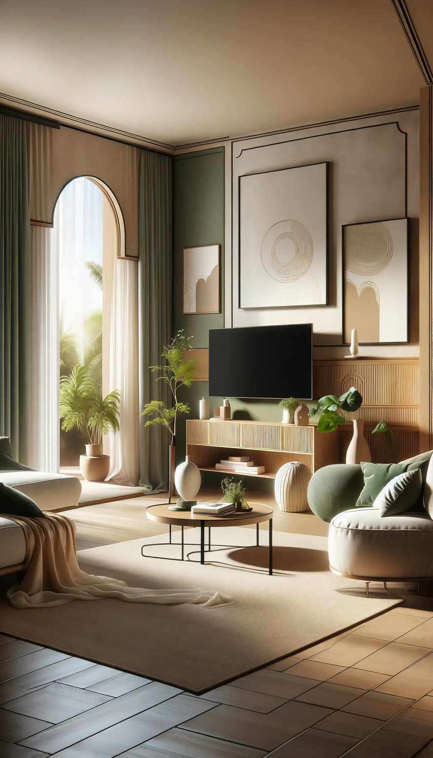 A Modern Romantic Living Room Combining Earthy Beige And Soft Green Tones, Featuring A Contemporary Sofa, Minimalist Coffee Table, And A Modern Flat-Screen Tv, Creating A Tranquil, Sophisticated Space.