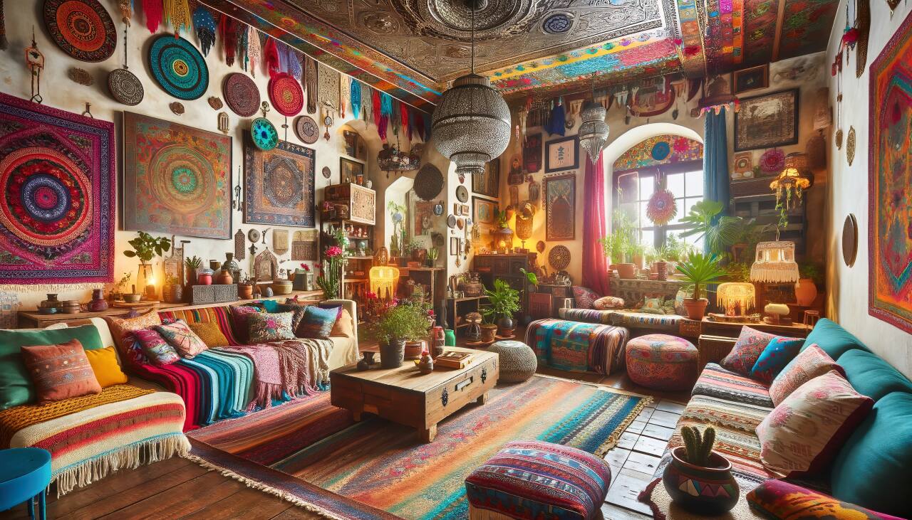 Colorful And Eclectic Bohemian-Style Living Room With A Mix Of Vibrant Colors, Patterns, And Cultural Decor.