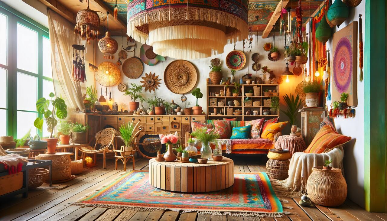 An Eco-Friendly Bohemian Living Room With Furniture Made From Sustainable Materials And Vibrant, Locally Sourced Decor.