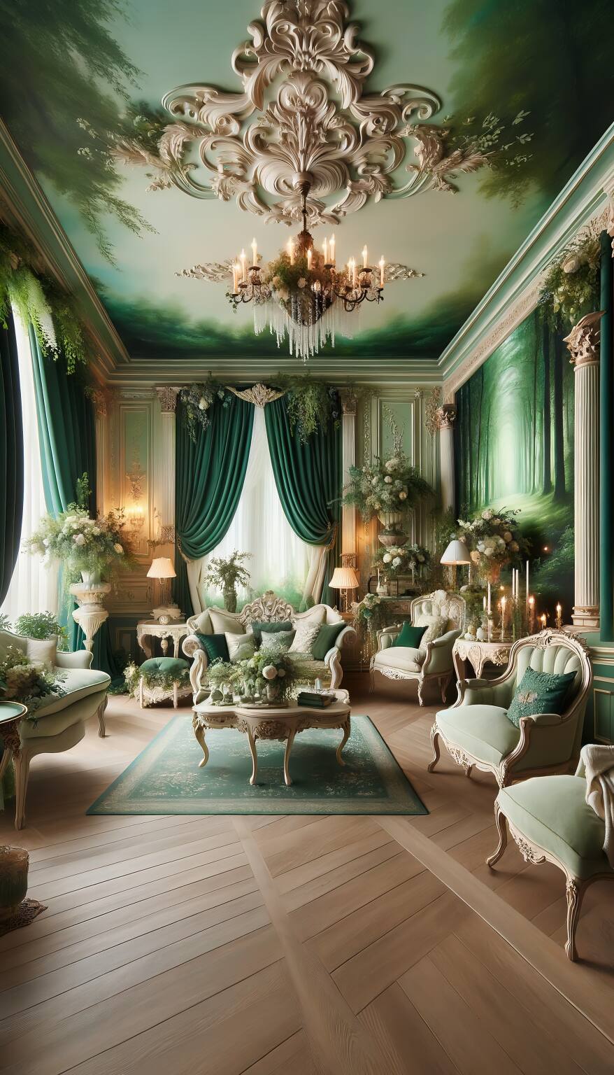 Entdecken Sie Die Ruhe Dieses Romantischen Wohnzimmers In Smaragd Und Creme. Elegante Möbel Vor Einem Hintergrund In Ruhigen Smaragdtönen Schaffen Eine Friedliche Oase Der Liebe Und Entspannung.