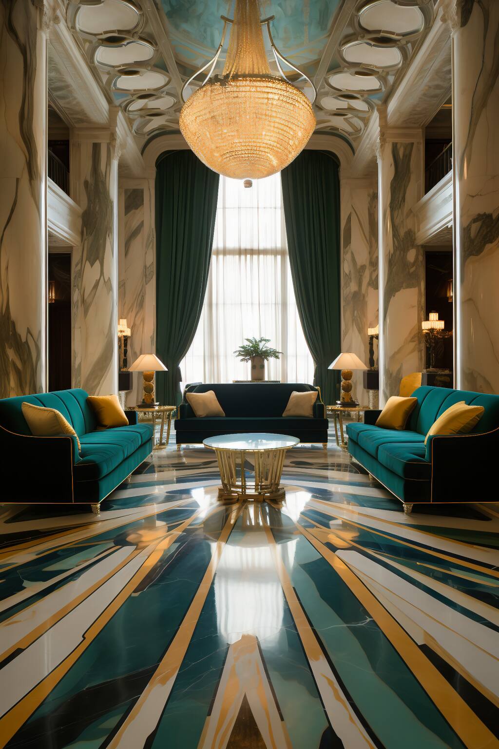 An Emerald And Gold Luxury Marble Living Room With Plush Green Sofas, A Gold Trim Coffee Table, And White And Gold Accent Chairs, Set Against A Marble Floor With Gold Inlays For A Rich, Elegant Ambiance.