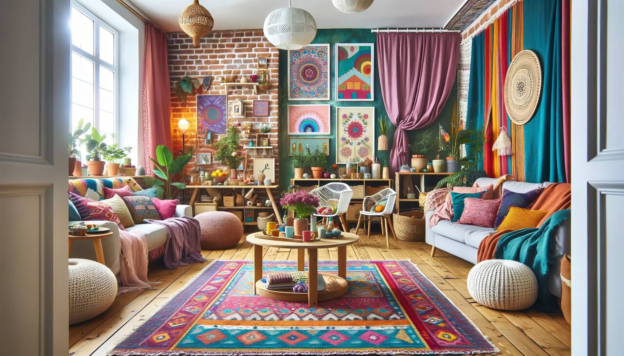 A Family-Friendly Bohemian Living Room That Combines Aesthetic Appeal With Practicality, Featuring Vibrant Colors And Safe, Durable Materials.