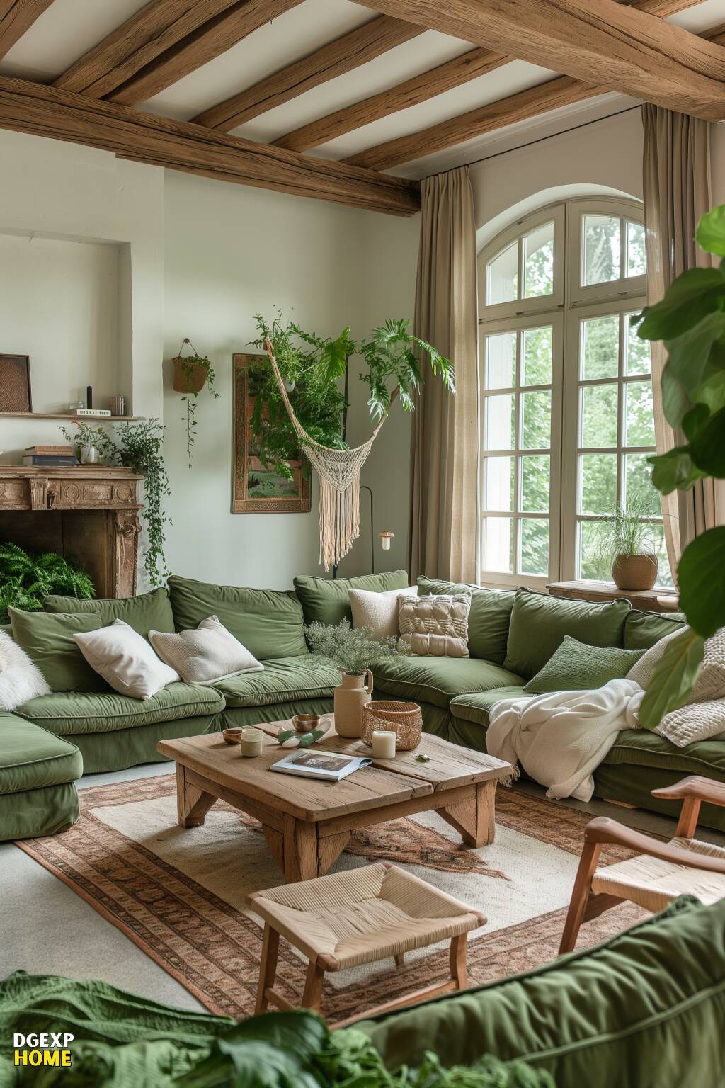 Waldgrünes Boho-Wohnzimmer mit tiefgrünen Sofas, Holzbalken, rustikalen Möbeln und jeder Menge Zimmerpflanzen