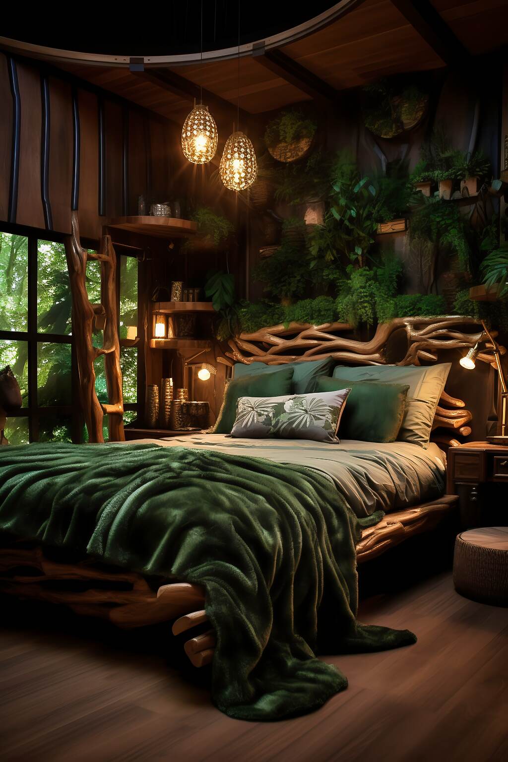 Medium-Sized Dark Boho Bedroom With A Green &Amp; Brown Color Scheme, Featuring Tree Murals, Wooden Furniture, And Forest Art, Creating A Magical And Enchanting Atmosphere.