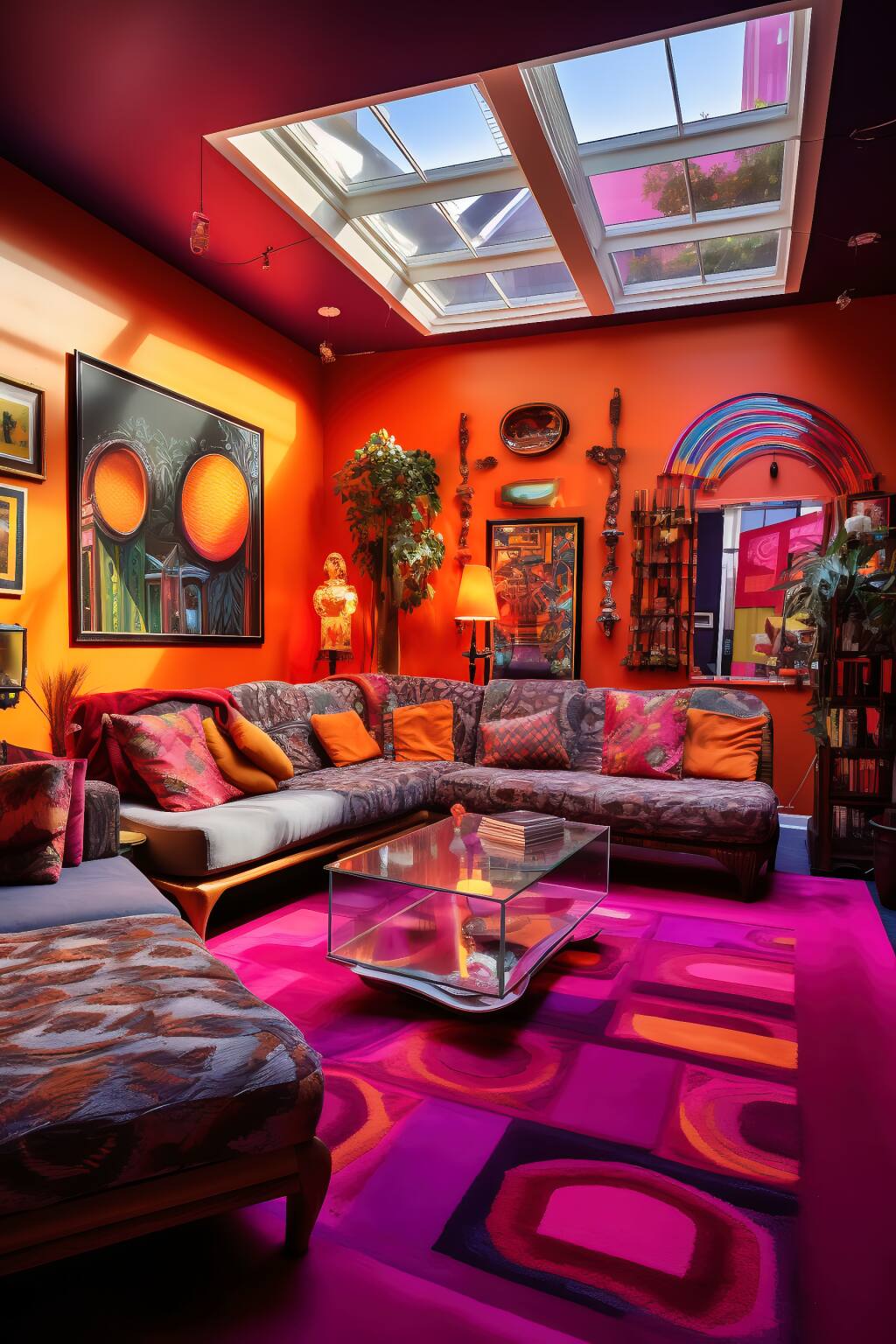 Modern Bohemian Living Room In Fuchsia And Lime, Featuring A Sleek Sectional, Contemporary Artwork, And Vibrant Cushions.
