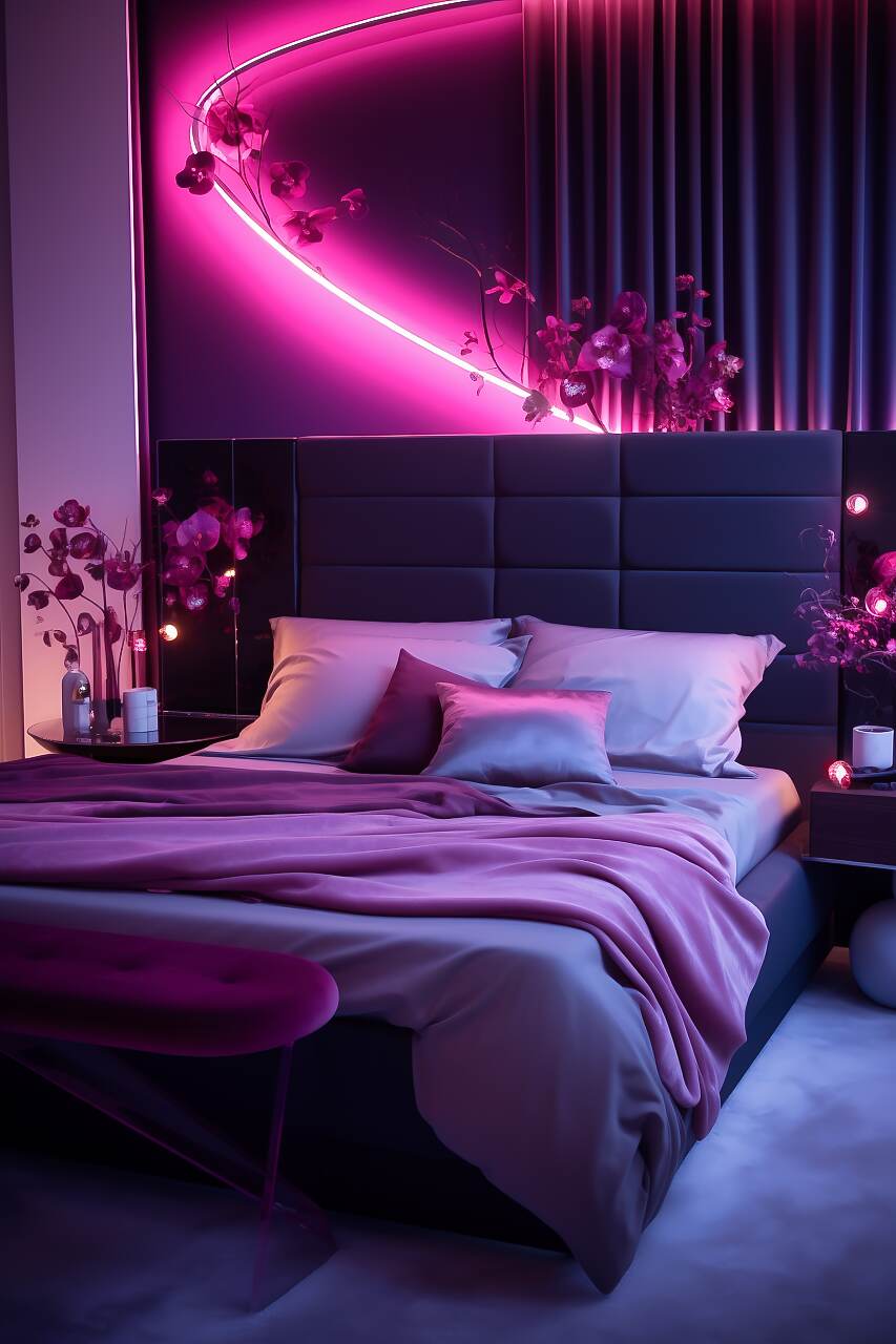 A Compact Modern Bedroom With A Vibrant Fuchsia And Plum Color Scheme, Featuring Sleek Furniture, A Double Bed With A Plush Blanket, Floral Art, And Recessed Lighting, Creating An Intimate And Romantic Atmosphere.