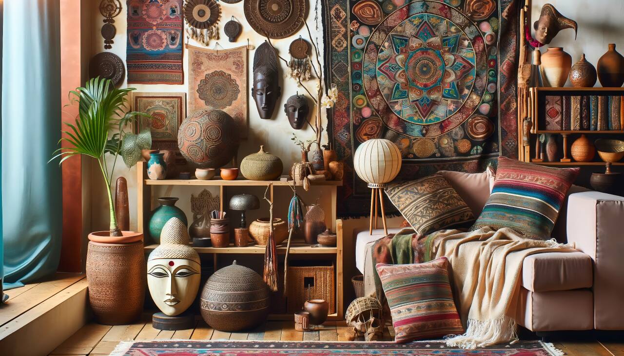 Ein Bohème-Wohnzimmerregal Mit Einem Marokkanischen Teppich, Einem Balinesischen Wandteppich Und Einer Afrikanischen Maske.