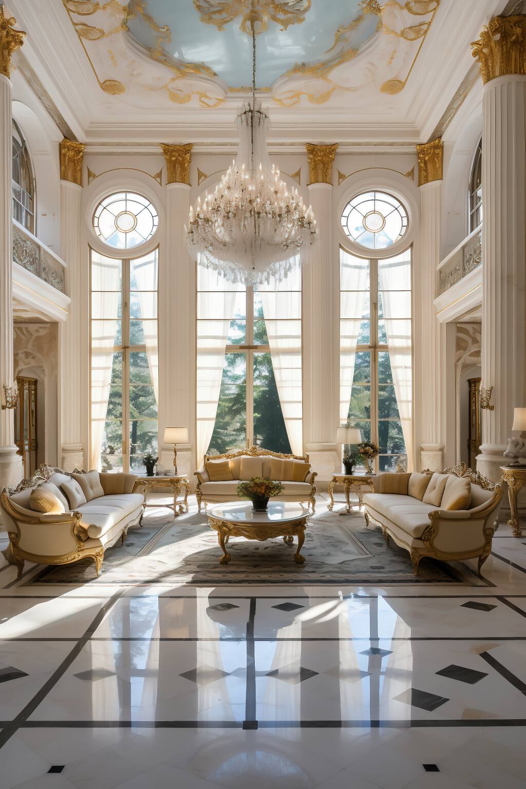 An Opulent Living Room With A Gold And Cream Color Scheme, Luxurious Furnishings, And Pristine Marble Flooring That Enhances The Room's Grandeur.