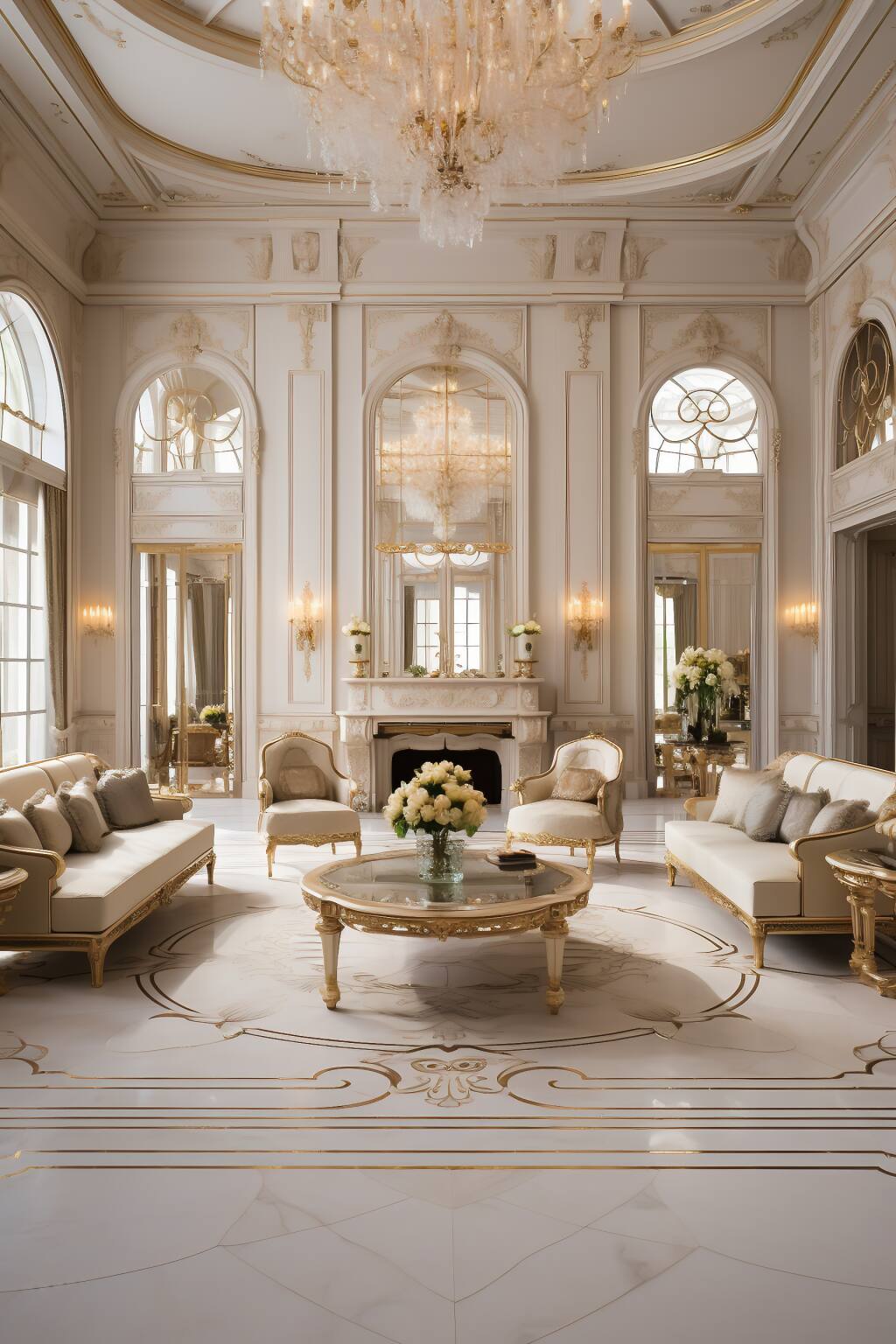 An Ivory And Gold Luxury Living Room With Leather Sofas, Gold-Detailed Armchairs, And White Marble Tables Under The Glow Of A Crystal Chandelier, Set Against A Backdrop Of Gleaming Marble Floors.