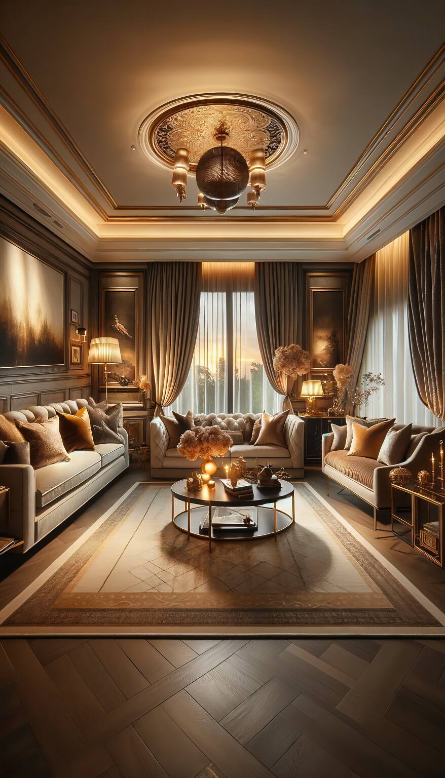A Romantic Living Room In Golden And Taupe Hues, Featuring An Elegant Sofa And Luxurious Chairs, Enveloped In A Warm, Dreamy Twilight Ambiance.