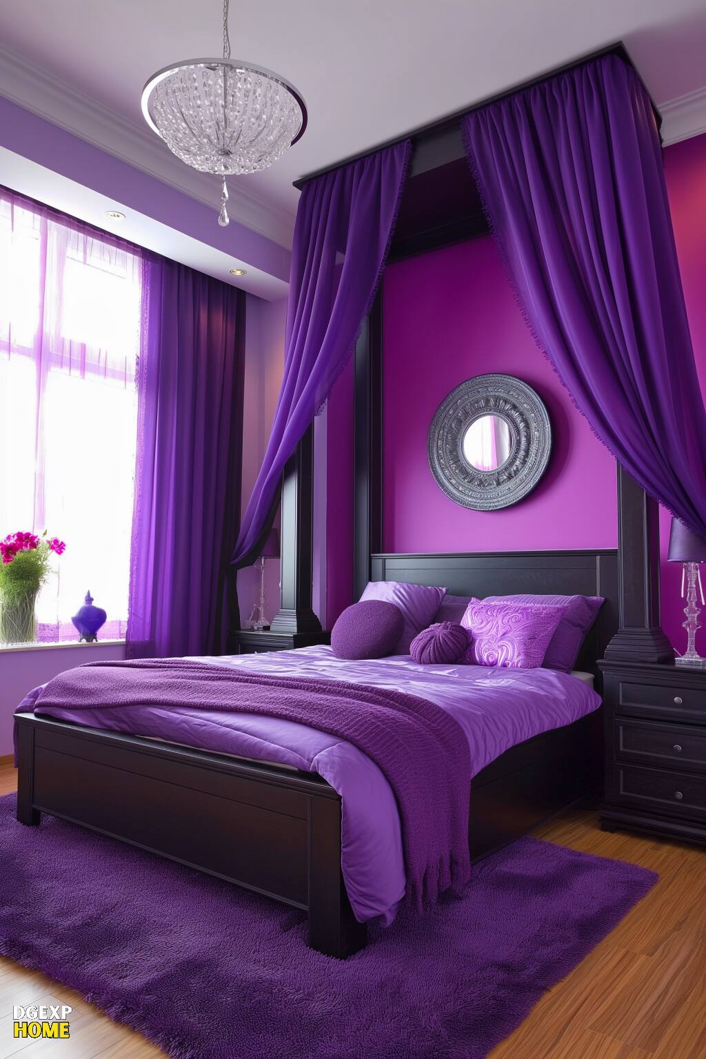 Gothic-Schlafzimmer mit lilafarbenen Wänden, luxuriösen Samtvorhängen, einem Kristallkronleuchter und einem verschnörkelten Spiegel.