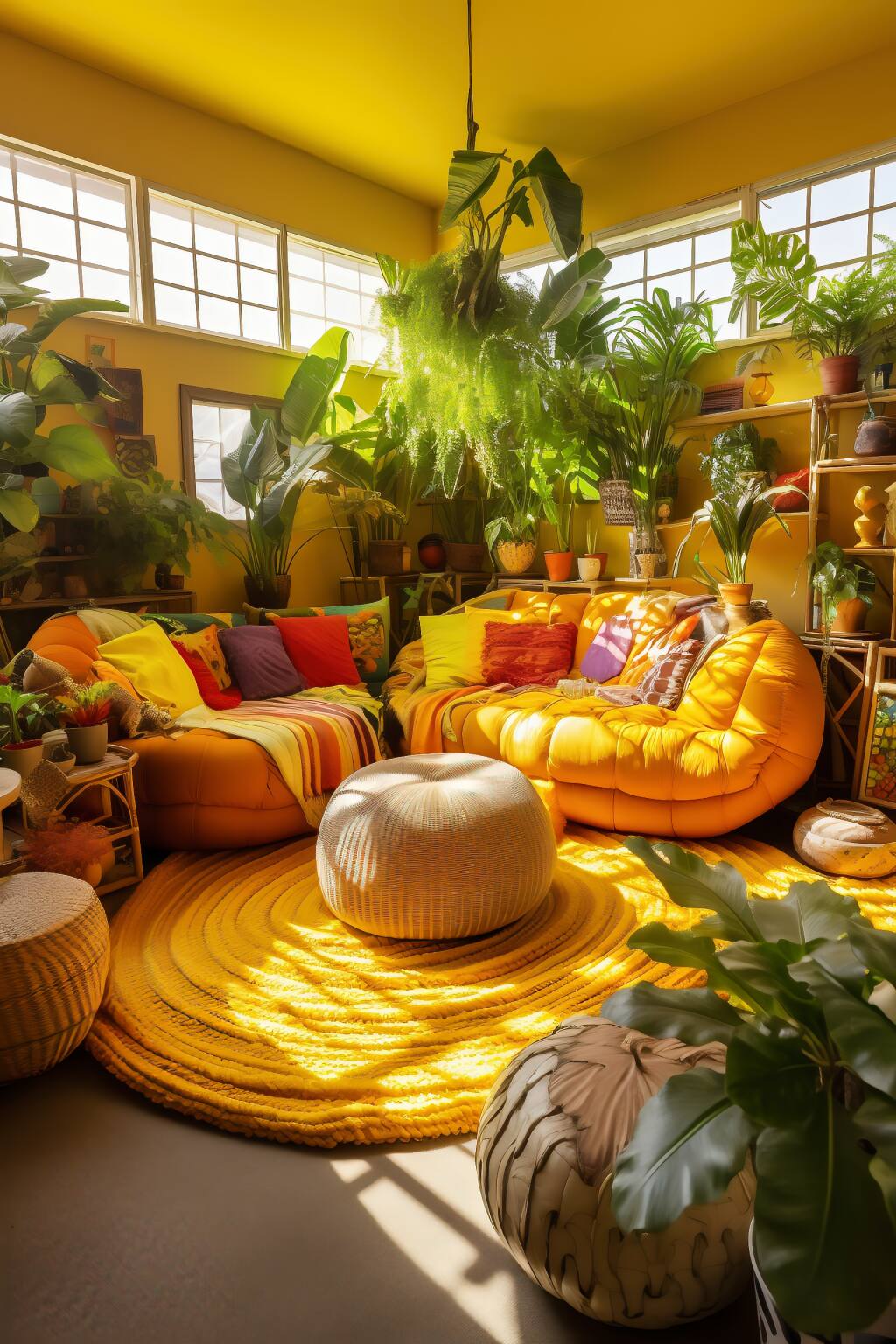 Tropical Bohemian Living Room In Green And Yellow, Featuring Bamboo Furniture, Leaf Print Cushions, And Hanging Ferns.
