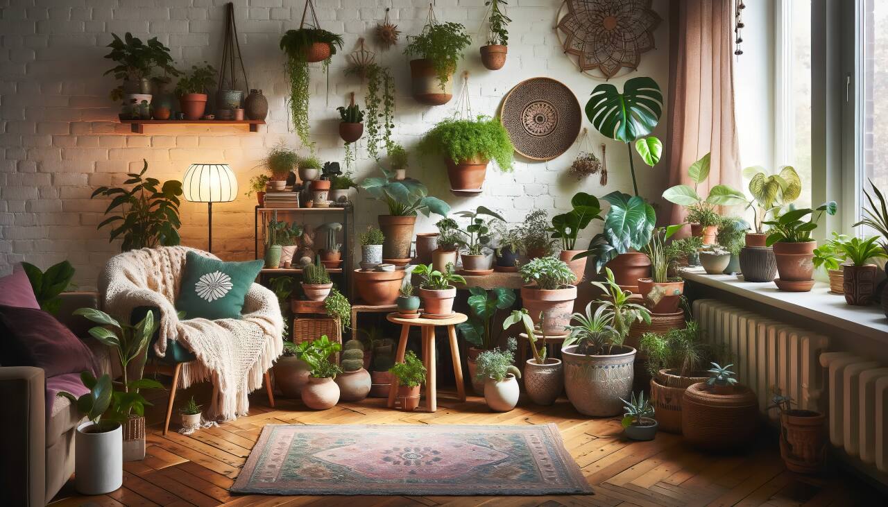 A Cozy Bohemian Corner Filled With A Variety Of Indoor Plants In Eclectic Pots.