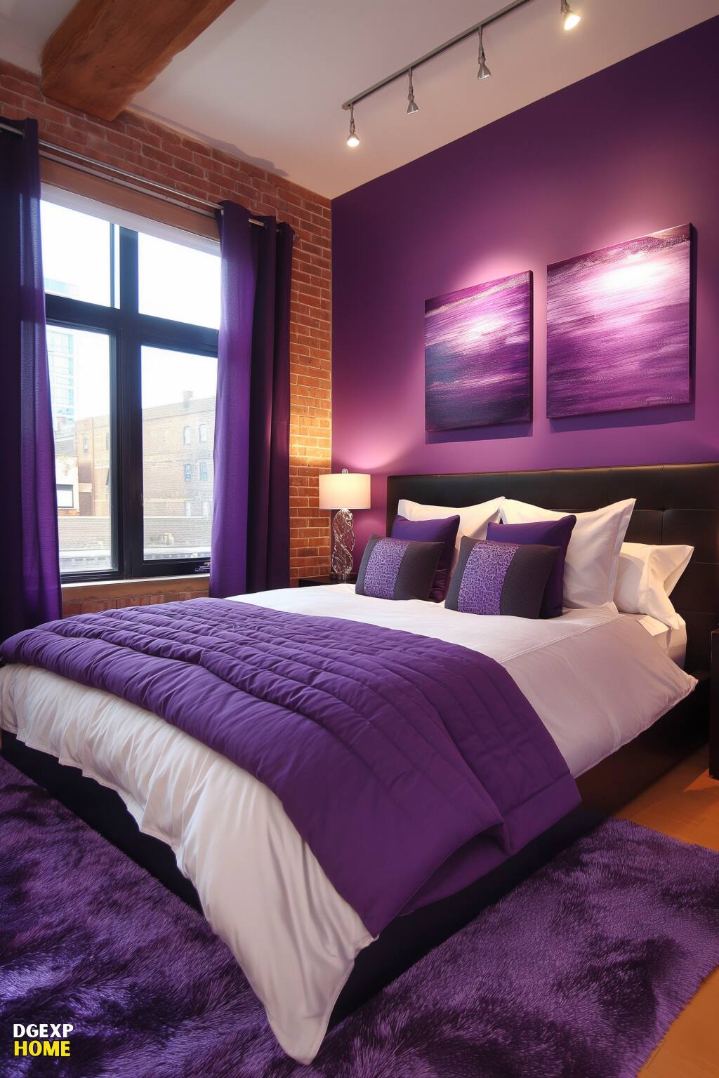 Industrielles Schlafzimmer mit freiliegenden Backsteinwänden, moderner lila-weißer Bettwäsche, zeitgenössischer Kunst und Beleuchtung im urbanen Stil.