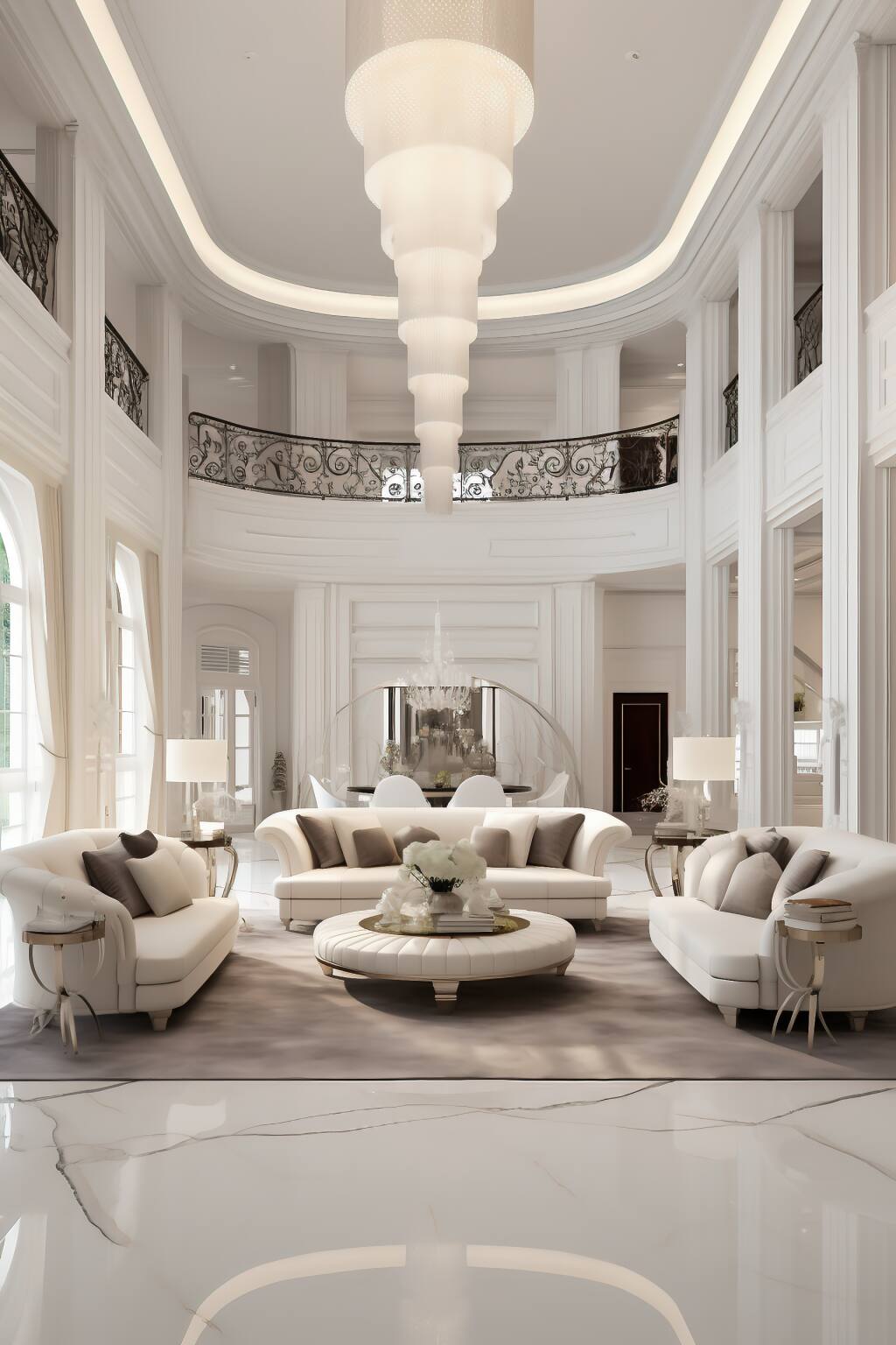 A Serene Luxury Living Room That Combines The Softness Of Ivory With The Sleekness Of Silver, All Tied Together With Polished Marble Flooring.