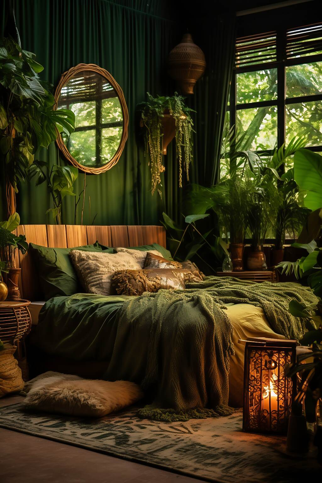 Compact Dark Boho Bedroom With A Green &Amp; Brown Color Scheme, Featuring Tropical Plants, Bamboo Furniture, And Jungle Murals, Creating An Invigorating And Vibrant Atmosphere.