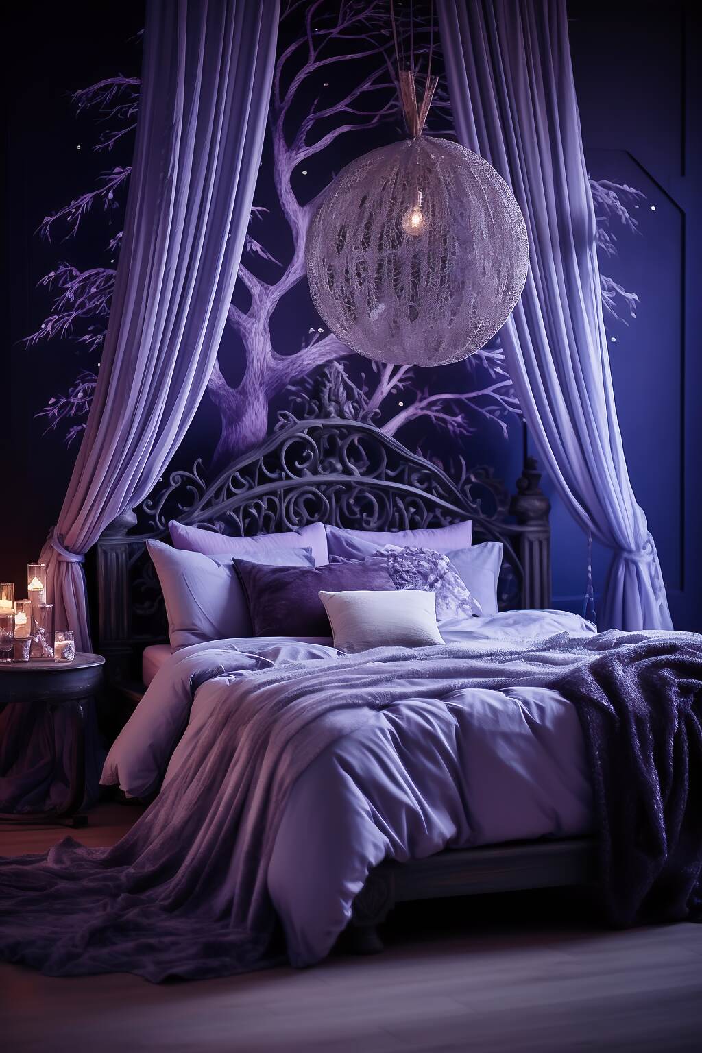 Spacious Dark Boho Bedroom With A Purple &Amp; Silver Color Scheme, Featuring Moon Phase Wall Art, Velvet Textiles, And Crystal Decor, Creating A Tranquil And Serene Atmosphere.