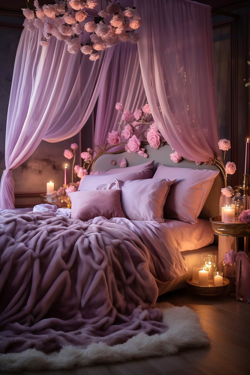 A Medium-Sized Vintage Bedroom With A Lavender And Rose Color Scheme, Featuring Mid-Century Modern Furniture, A Queen-Size Bed With A Plush Blanket, Geometric Art, And A Crystal Chandelier, Creating A Cozy And Romantic Atmosphere.