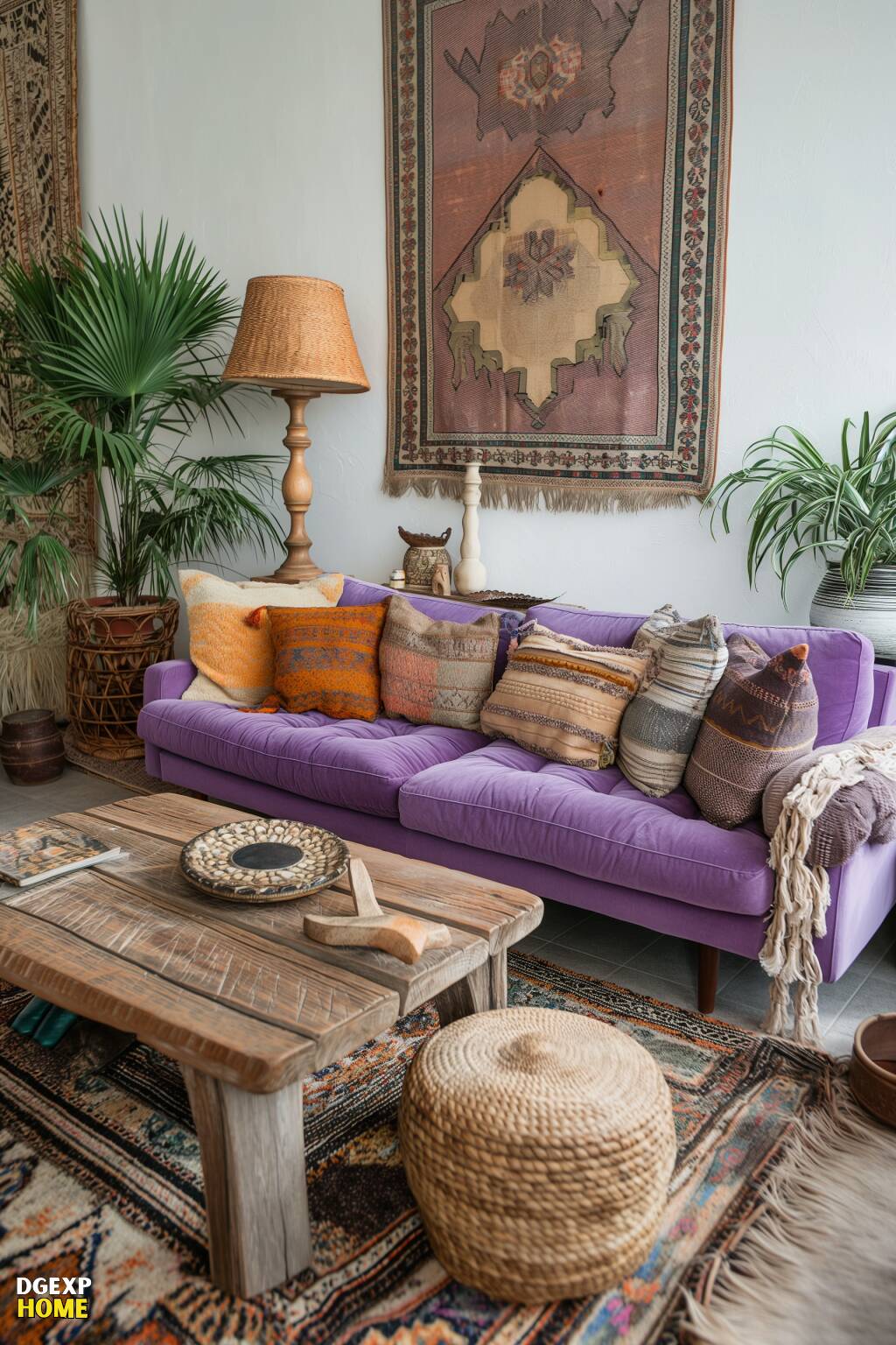 Lavendelfarbenes Boho-Wohnzimmer mit weichen Lavendelsofas, salbeifarbenen Wandakzenten und böhmischen Accessoires