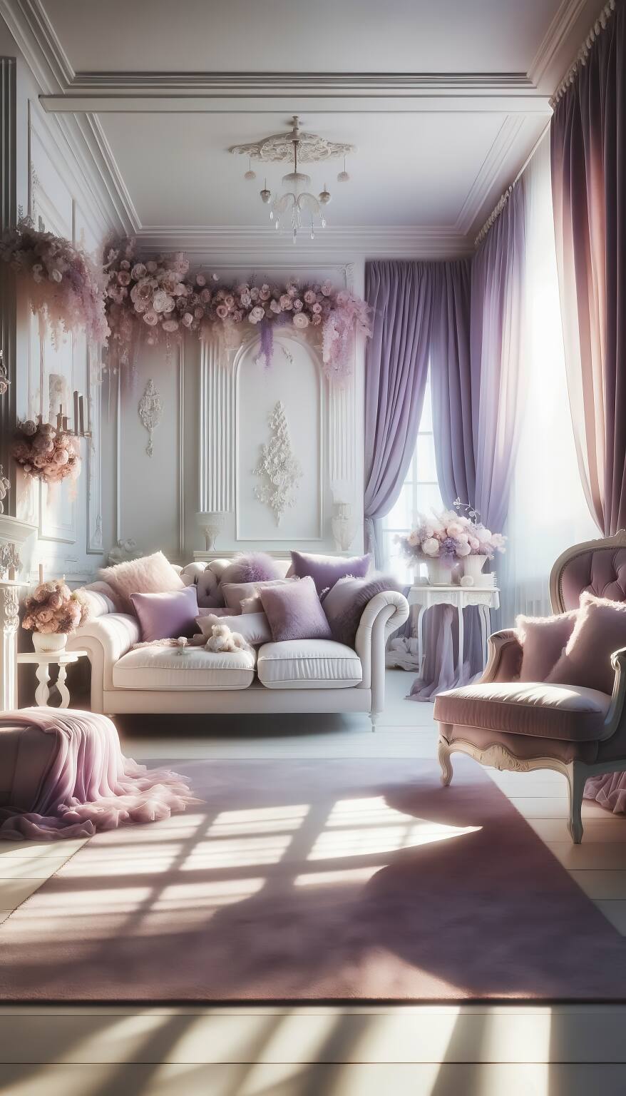 A Serene And Romantic Living Room In Shades Of Lavender And White, Featuring A Cozy Sofa, Fluffy Armchairs, And An Elegant Coffee Table, Embodying An Atmosphere Of Tranquil Bliss.