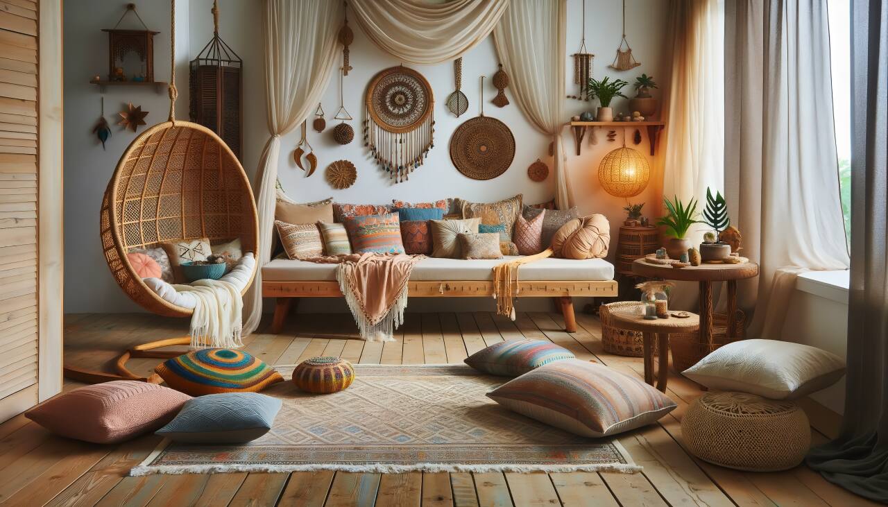 Comfortable Bohemian Living Room With Floor Cushions, Hammocks, And A Daybed With Plush Pillows.