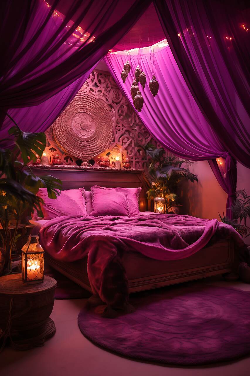A Medium-Sized Boho-Chic Bedroom With A Mystical Magenta And Cream Color Scheme, Featuring Eclectic Furniture, A Canopy Bed With A Plush Blanket, Mandala Art, And Lantern Lighting, Creating A Magical And Romantic Atmosphere.