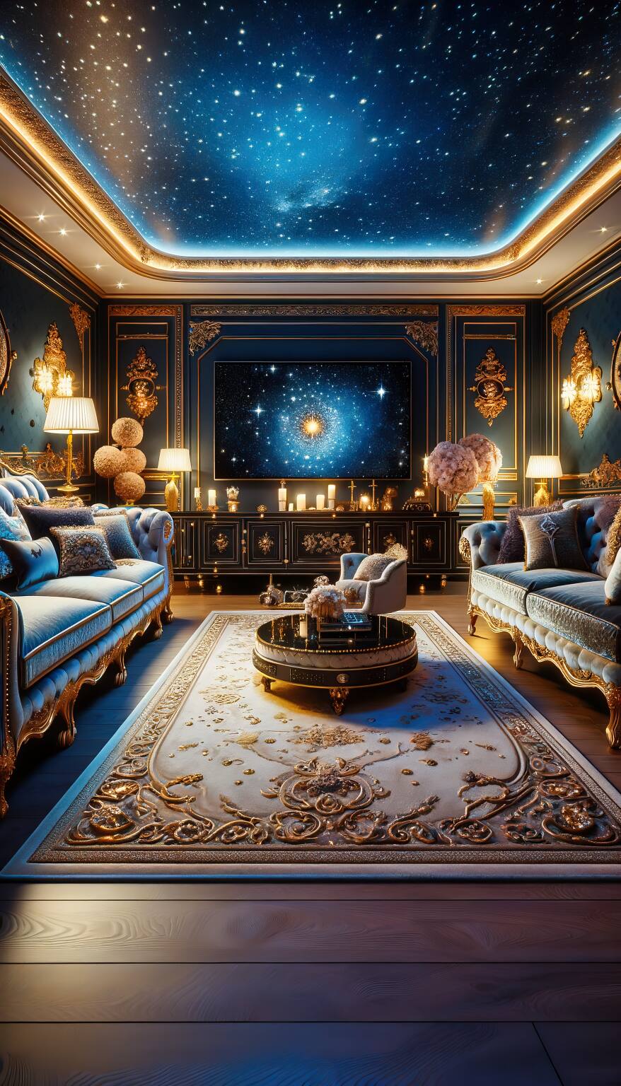 A Luxurious Romantic Living Room In Midnight Blue And Gold, Featuring A Plush Sofa, An Ornate Rug, And An Advanced Flat-Screen Tv, Set In A Starry, Elegant Ambiance.