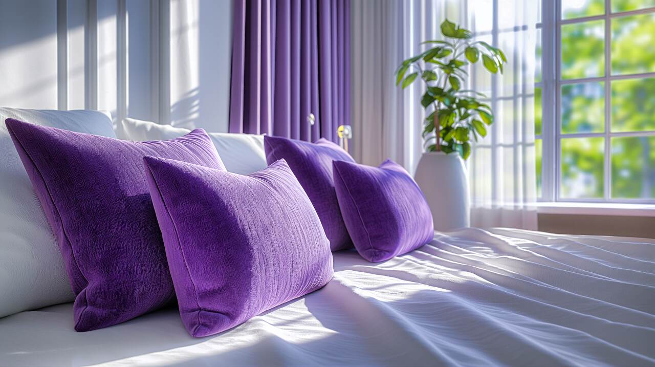 Minimalistisches Schlafzimmer mit lila Wurfkissen