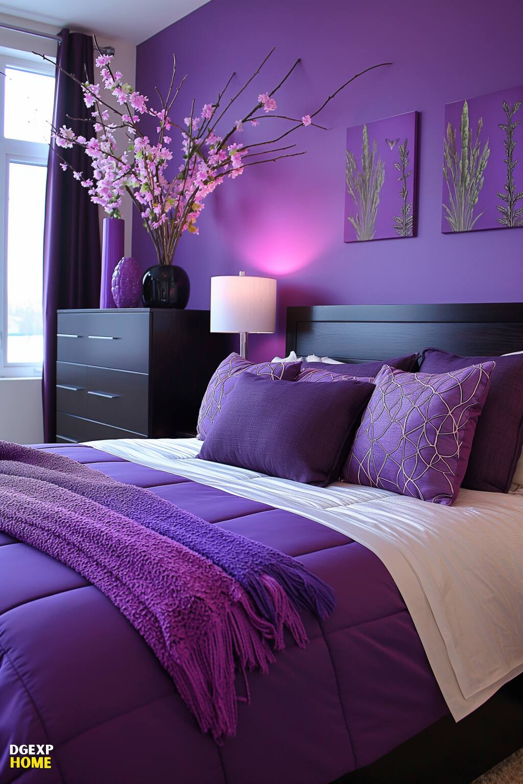 Minimalistisches lilafarbenes Schlafzimmer mit eleganten Möbeln, modernen Kunstwerken und schlichter Bettwäsche.