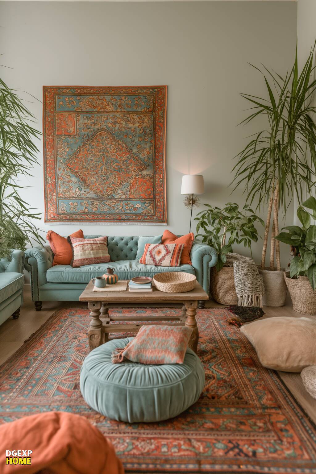 Mintgrüne Sofas mit korallenroten Kissen in einem Boho-Wohnzimmer mit einem großen Wandteppich und umringt von Zimmerpflanzen.