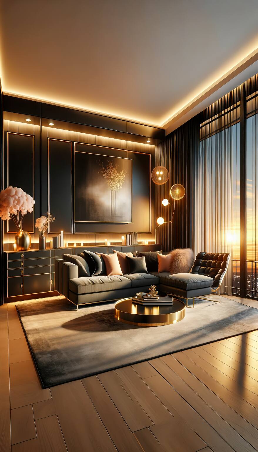 A Contemporary Romantic Living Room In Modern Black And Warm Gold, Featuring A Stylish Sectional Sofa And Elegant Entertainment Unit, Set Against A Backdrop Of Twilight Warmth.