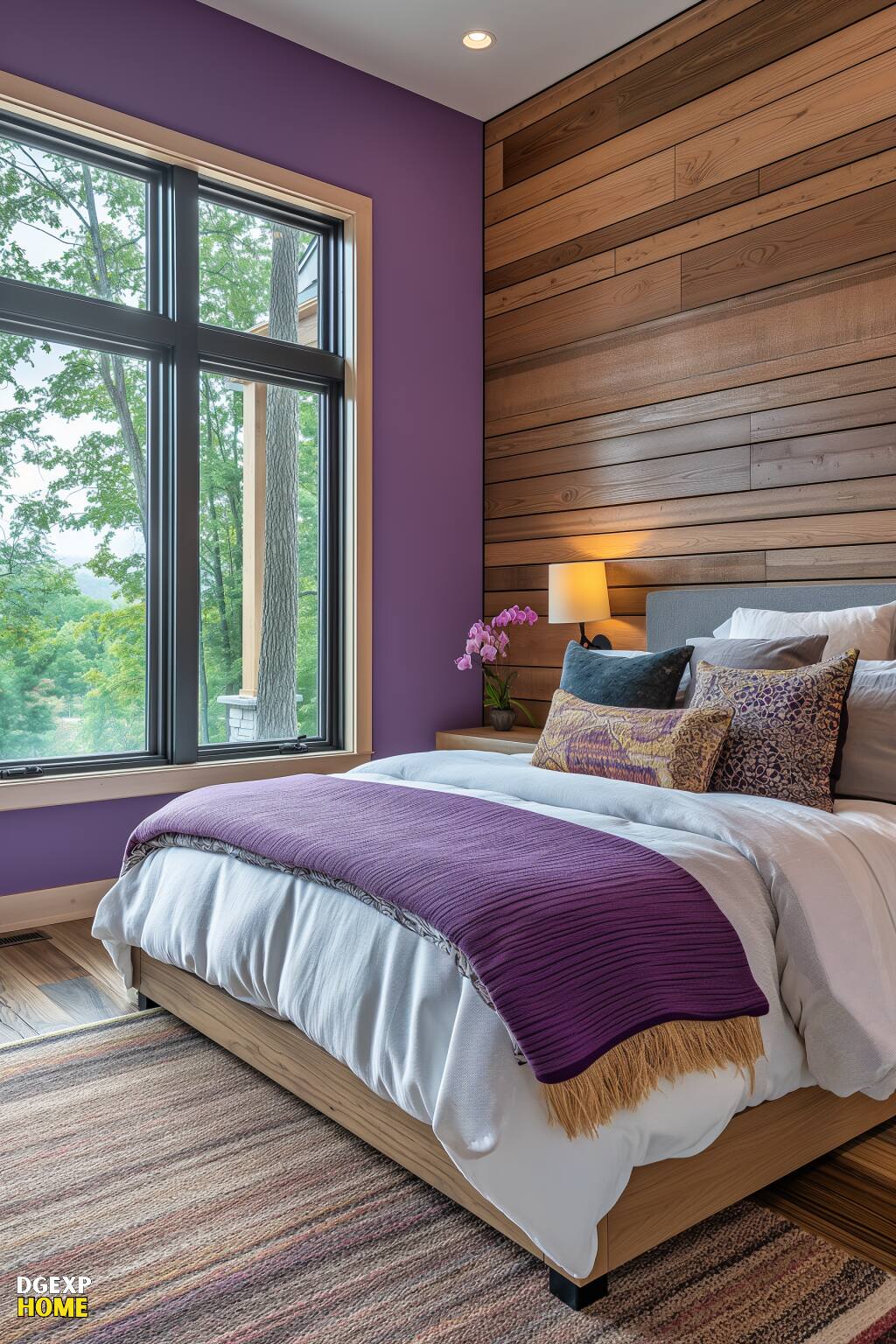 Modernes, offenes Schlafzimmer mit großen Fenstern, minimalistischem Design und sanften lila Akzenten.