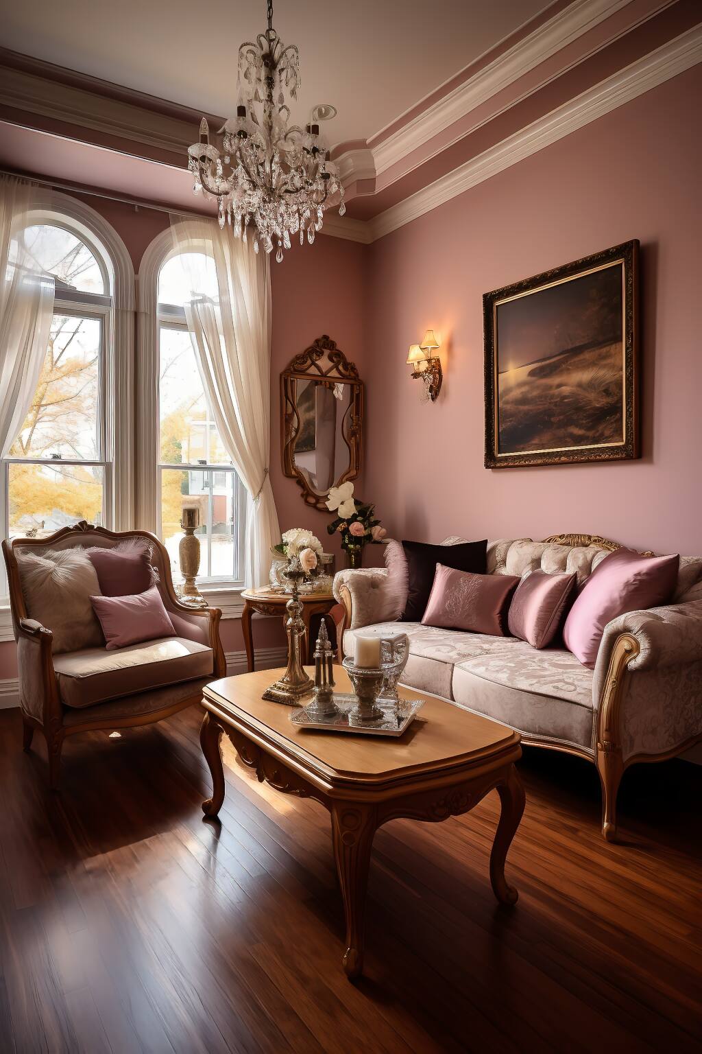 A Moody Romantic Living Room With Victorian-Style Furniture, Plush Pink Accents, And A Grand Chandelier In A Transitional Setting.