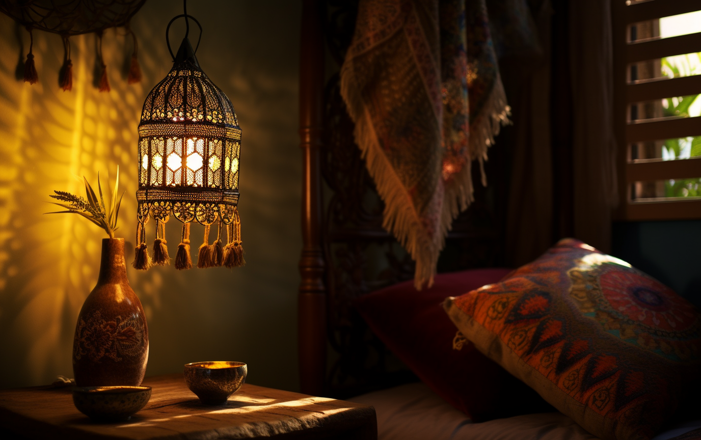 Moroccan Lantern And Vintage Table Lamp Illuminating A Boho Bedroom