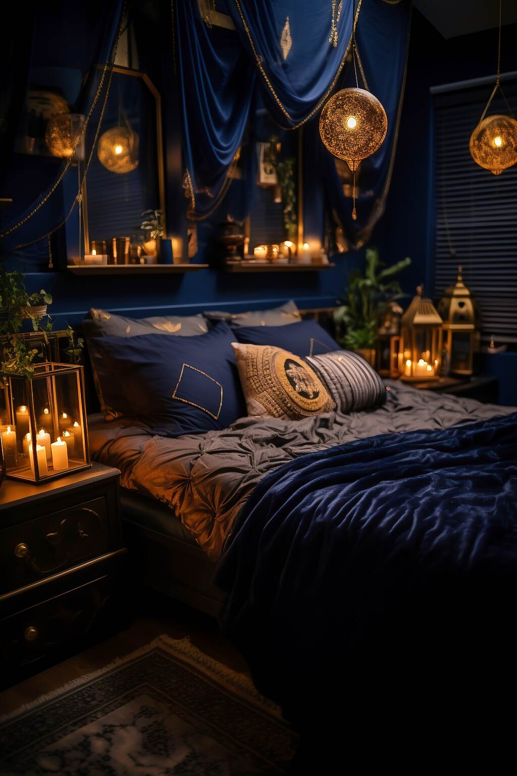 Compact Dark Boho Bedroom With A Blue &Amp; Gold Color Scheme, Featuring Antique Mirrors, Patterned Rugs, And Gold Accents, Creating An Intimate And Luxurious Atmosphere.