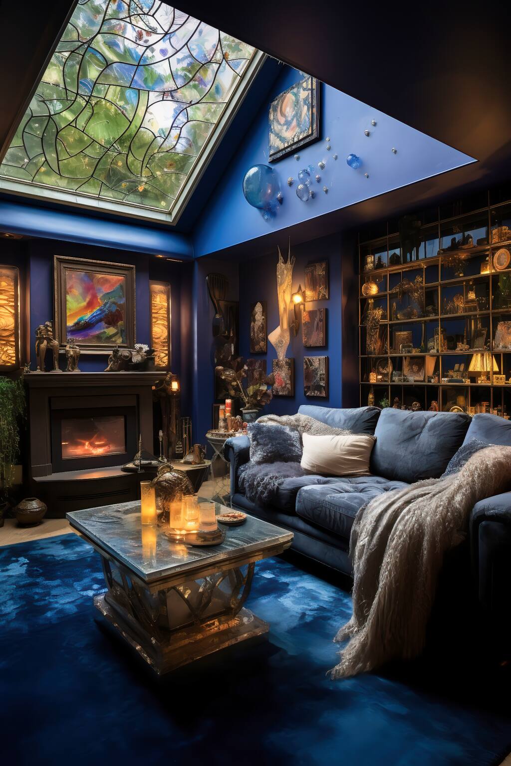 Raffiniertes Bohème-Wohnzimmer In Marineblau Und Silber Mit Einem Samtsofa, Einem Couchtisch Aus Glas Und Wandkunst Im Mondlicht.
