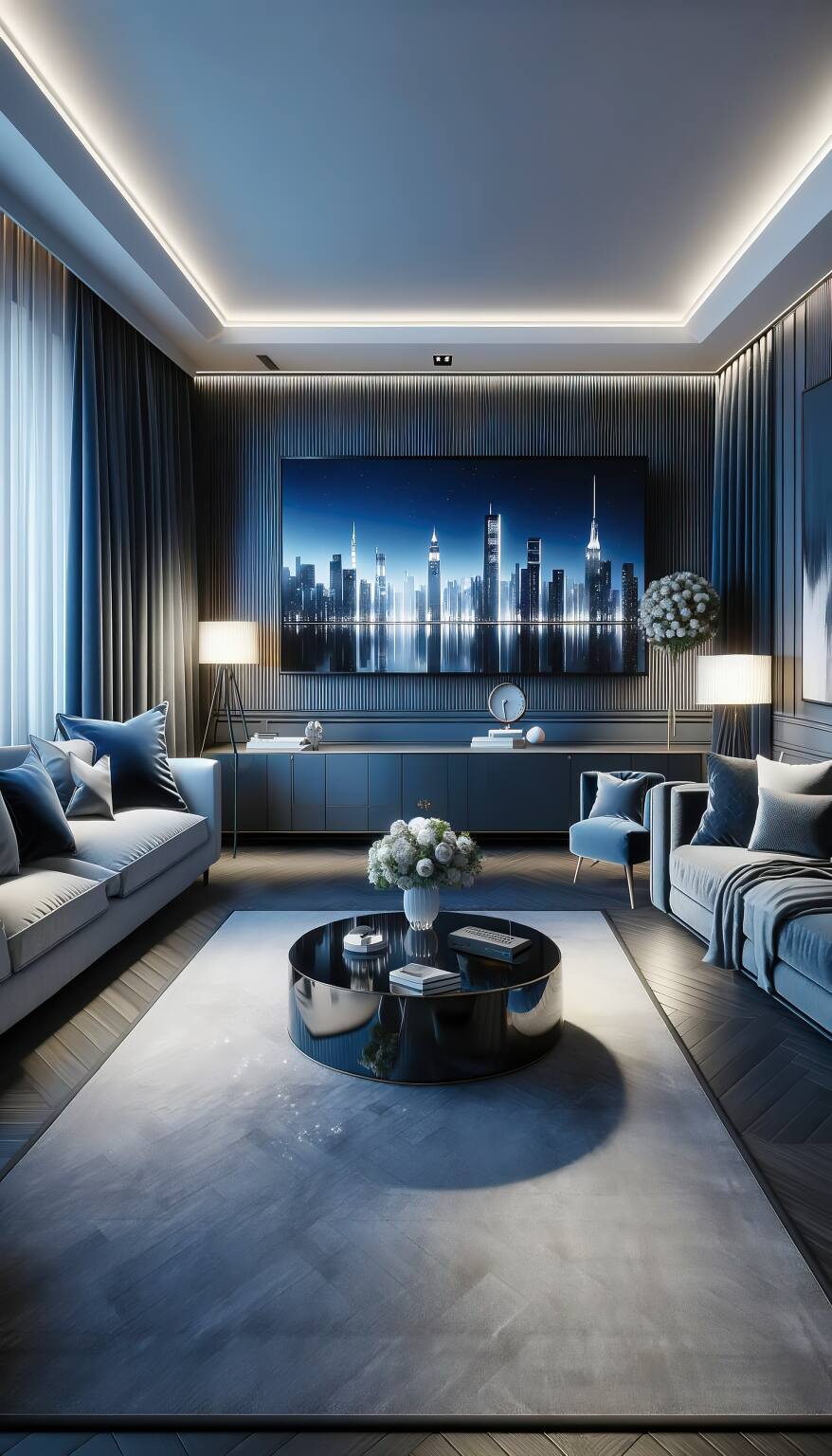 A Modern Romantic Living Room In Navy And Silver, Featuring A Sleek Sofa And A State-Of-The-Art Flat-Screen Tv, Set In A Serene, Sophisticated Metropolitan Ambiance.