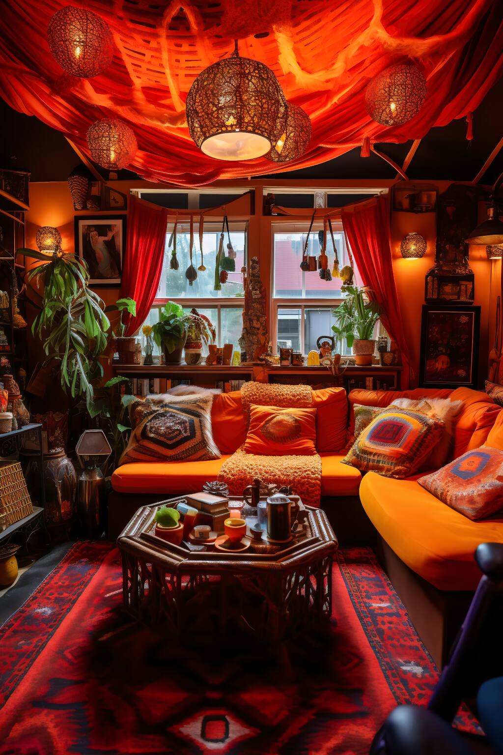 Bohemian Living Room In Orange And Gold, Featuring A Plush Sectional, Wooden Center Table, And Persian Rug.