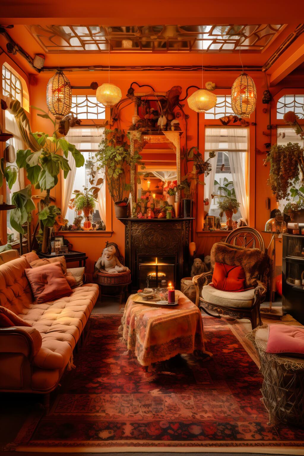 Vintage-Inspired Bohemian Living Room In Peach And Cream, Featuring Floral Sofas, Antique Wooden Furniture, And Vintage Trinkets.