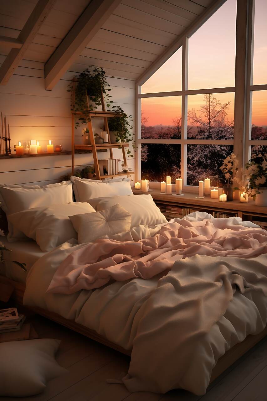 A Small Scandinavian Bedroom With A Dreamy Peach And Ivory Color Scheme, Featuring Functional Furniture, A Loft Bed With A Plush Blanket, Landscape Art, And Warm Pendant Lighting, Creating A Relaxing And Romantic Atmosphere.