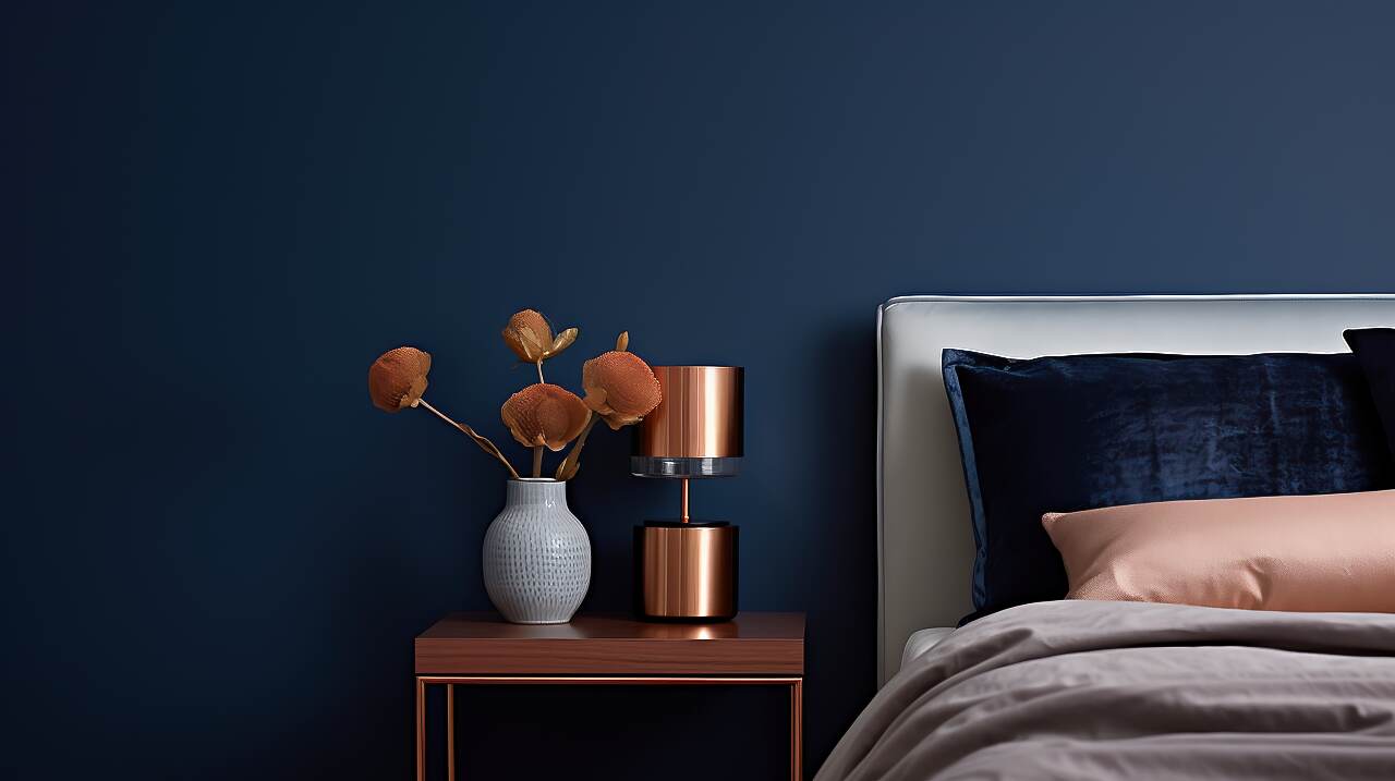 Deep Navy Blue Wall With Rose Gold Bedside Table Next To The Bed