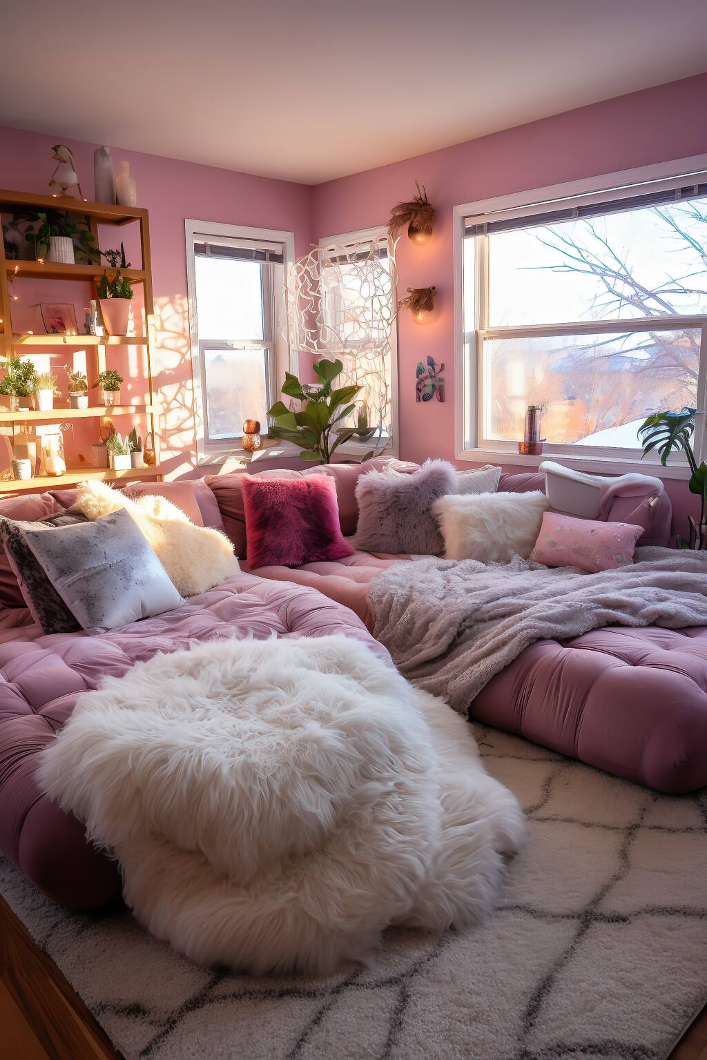 Ein Gemütliches, Romantisches Bohème-Wohnzimmer Mit Pinkfarbenen Plüschsesseln, Weichen Stoffen Und Einer Reihe Von Zimmerpflanzen In Einem Warmen, Sonnendurchfluteten Raum.